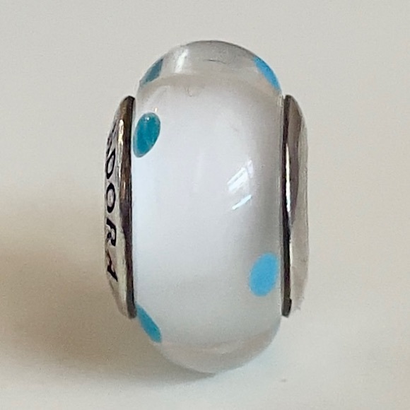 Pandora White & Teal Polka Dots Murano Charm - Picture 7 of 7